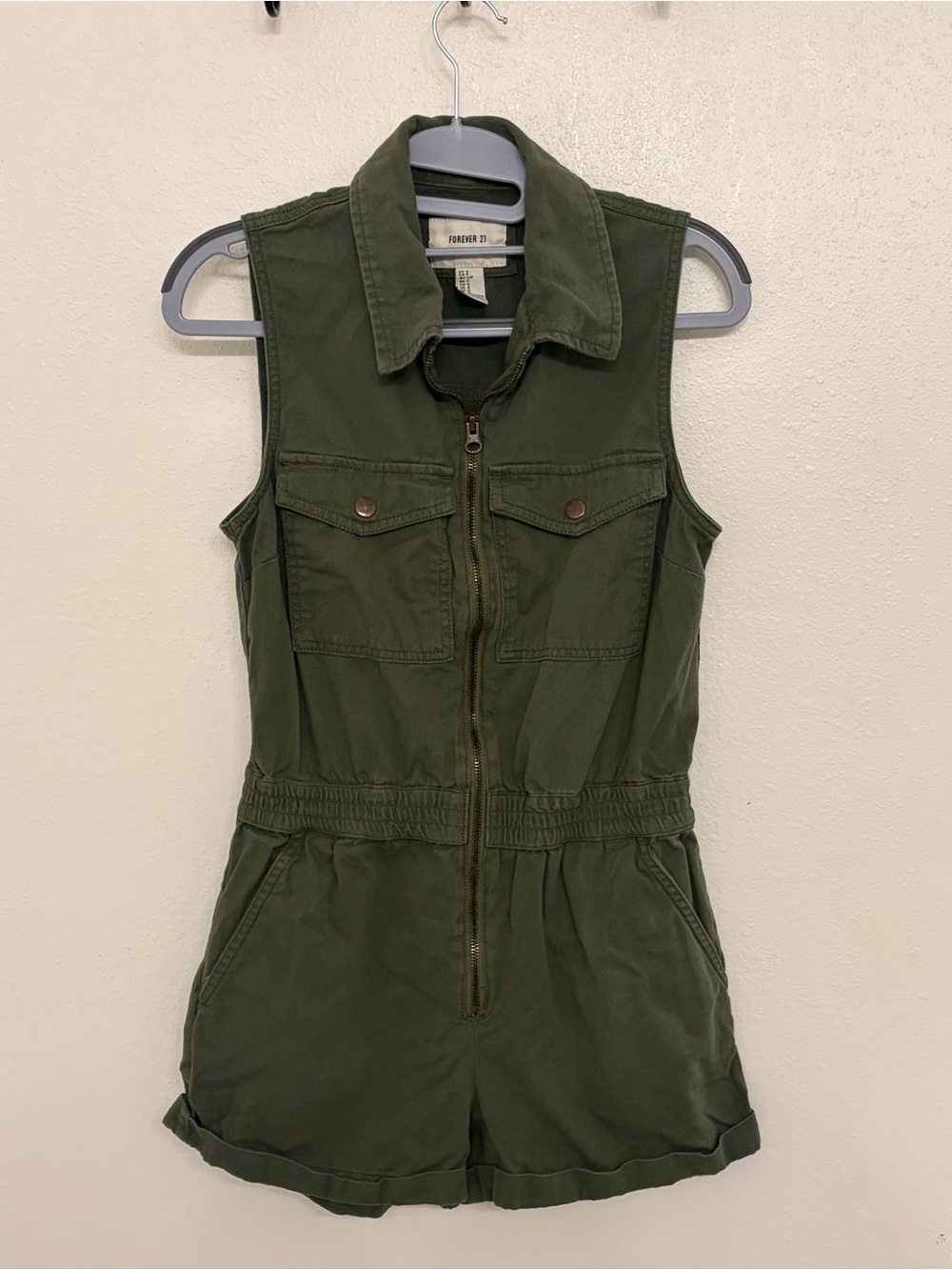 Forever 21 Olive Green Sleeveless Zip-Front Utility Romper - Size Small